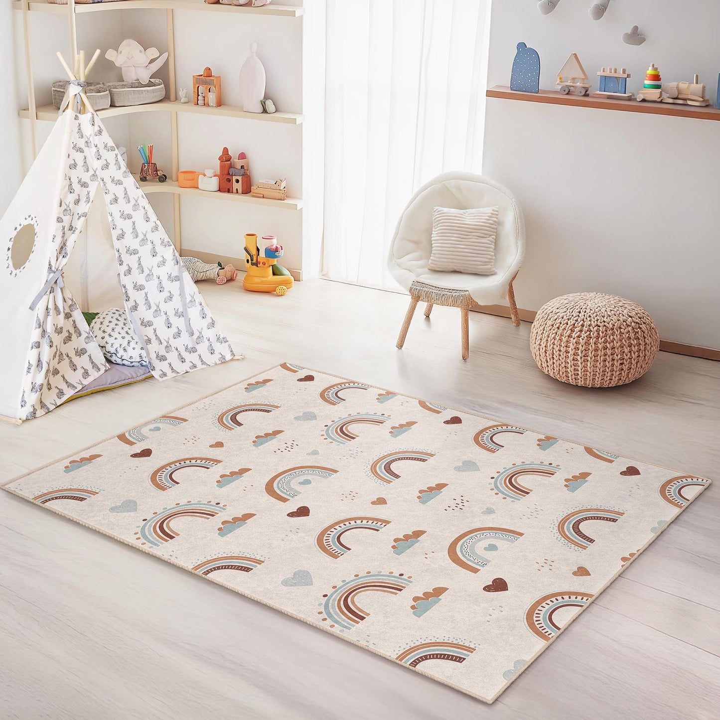 Rainbow Pattern Rectangular Kids Rug, Pastel Rainbow Nursery Carpet, Cute Playroom Rug, Soft Kids Room Decor, Children's Area Rug