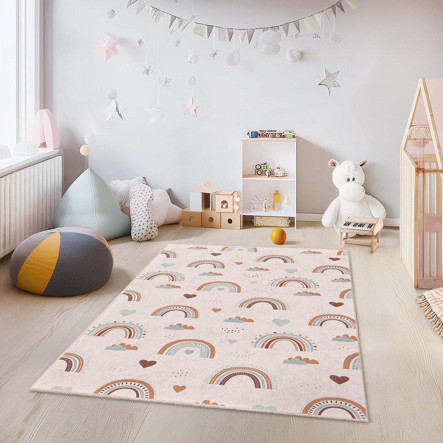 Rainbow Pattern Rectangular Kids Rug, Pastel Rainbow Nursery Carpet, Cute Playroom Rug, Soft Kids Room Decor, Children's Area Rug