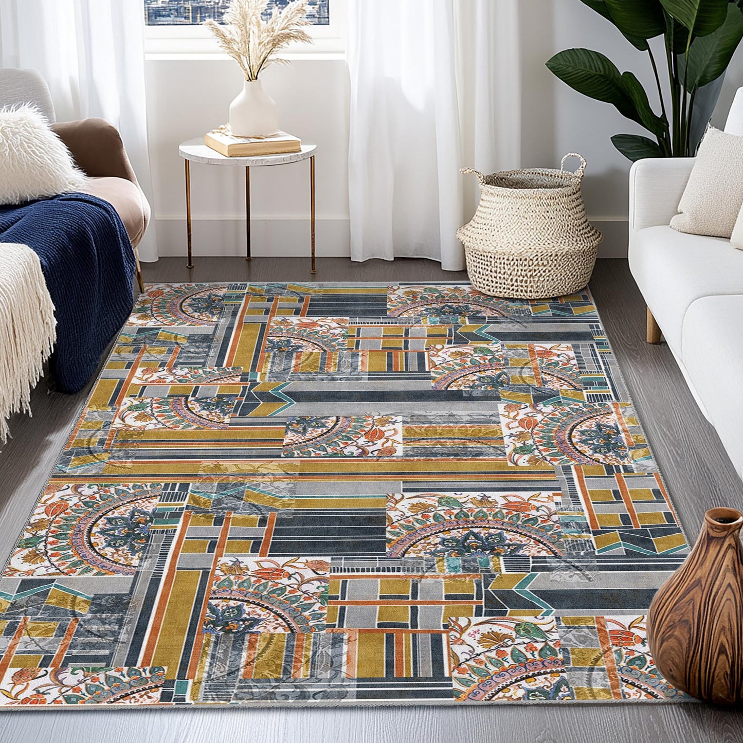 Geometric Floral Rectangular Area Rug, Modern Abstract Carpet, Living Room Dcor, Stylish Floor Mat, Contemporary Design Rug
