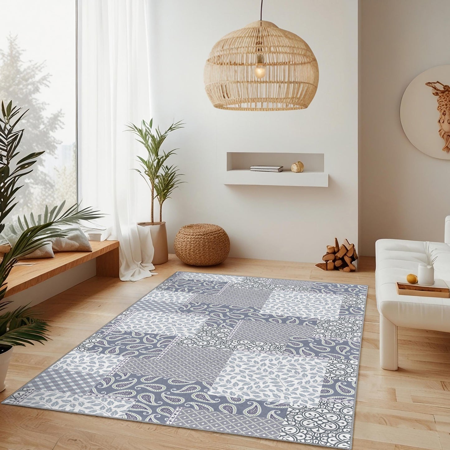 Elegant Patchwork Design Rectangular Area Rug, Modern Living Room Carpet, Stylish Home Decor, Soft Floor Mat for Family
