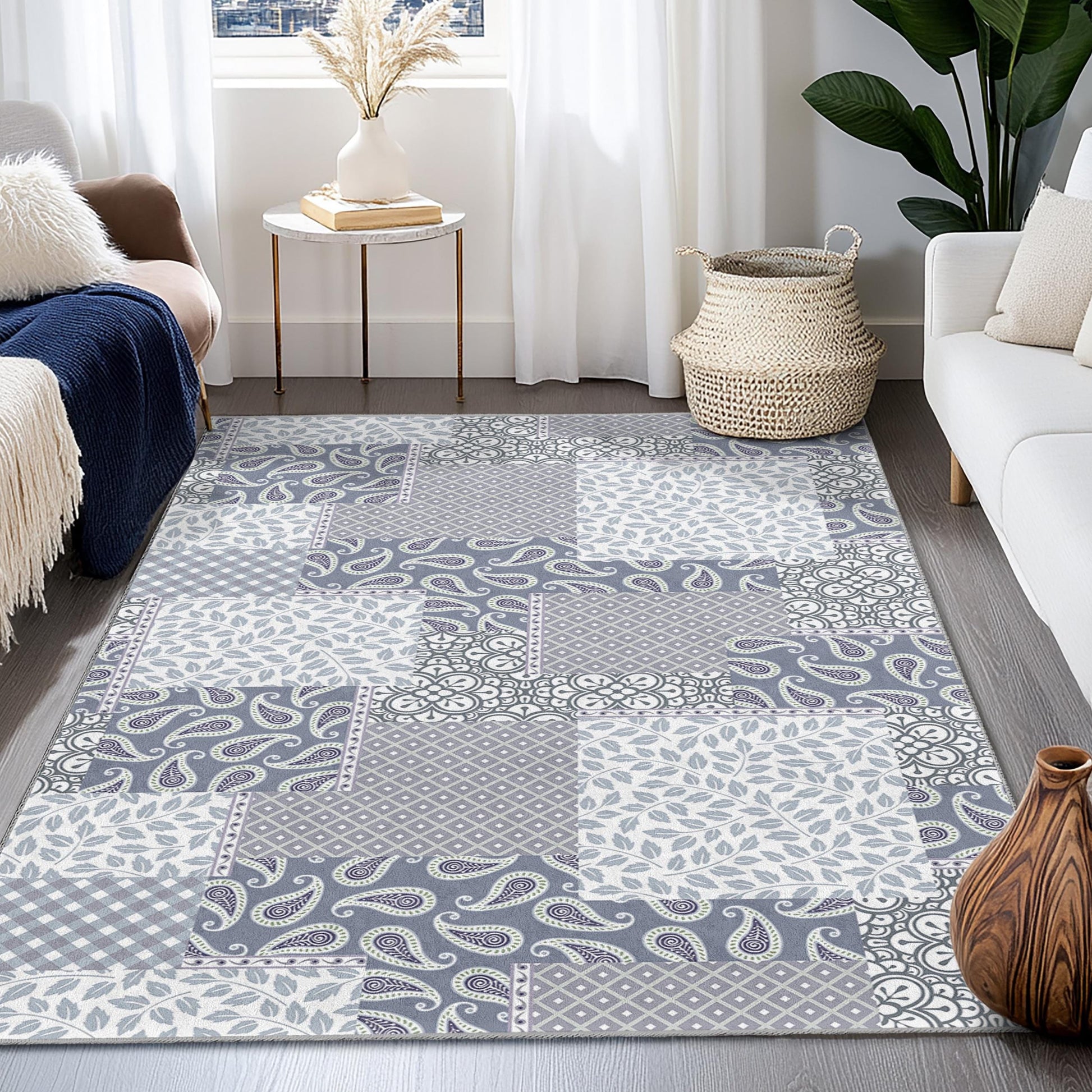Elegant Patchwork Design Rectangular Area Rug, Modern Living Room Carpet, Stylish Home Decor, Soft Floor Mat for Family