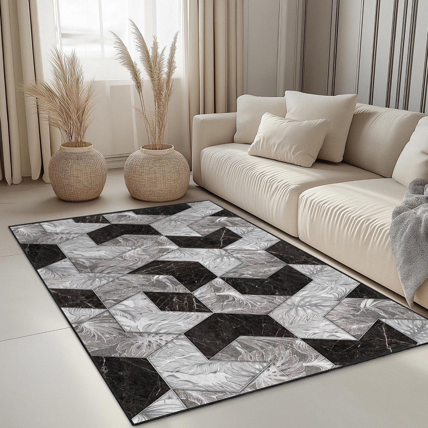 Geometric Black and White Rectangle Area Rug, Modern Patterned Carpet for Living Room, Stylish Home Decor, Elegant Floor Covering