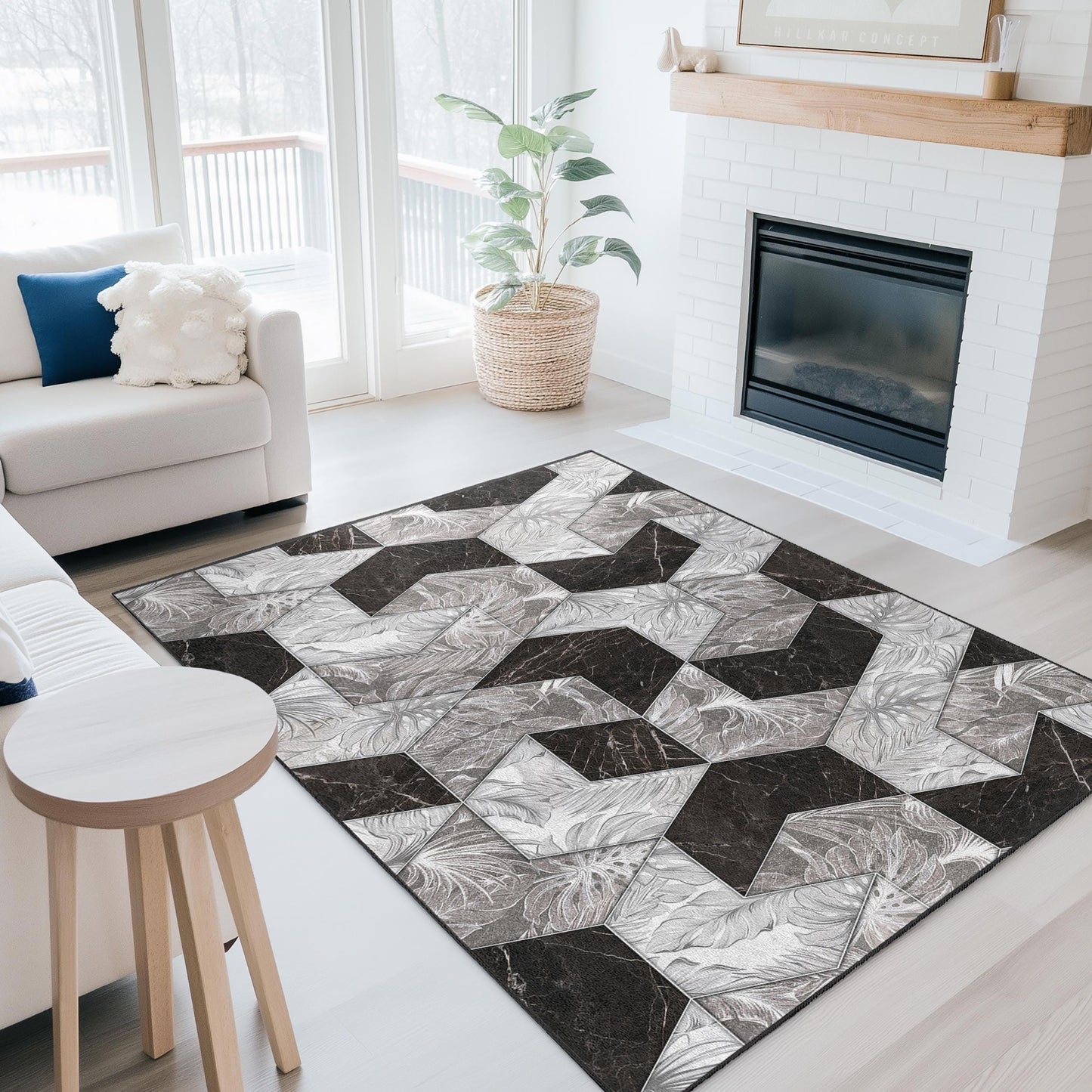 Geometric Black and White Rectangle Area Rug, Modern Patterned Carpet for Living Room, Stylish Home Decor, Elegant Floor Covering