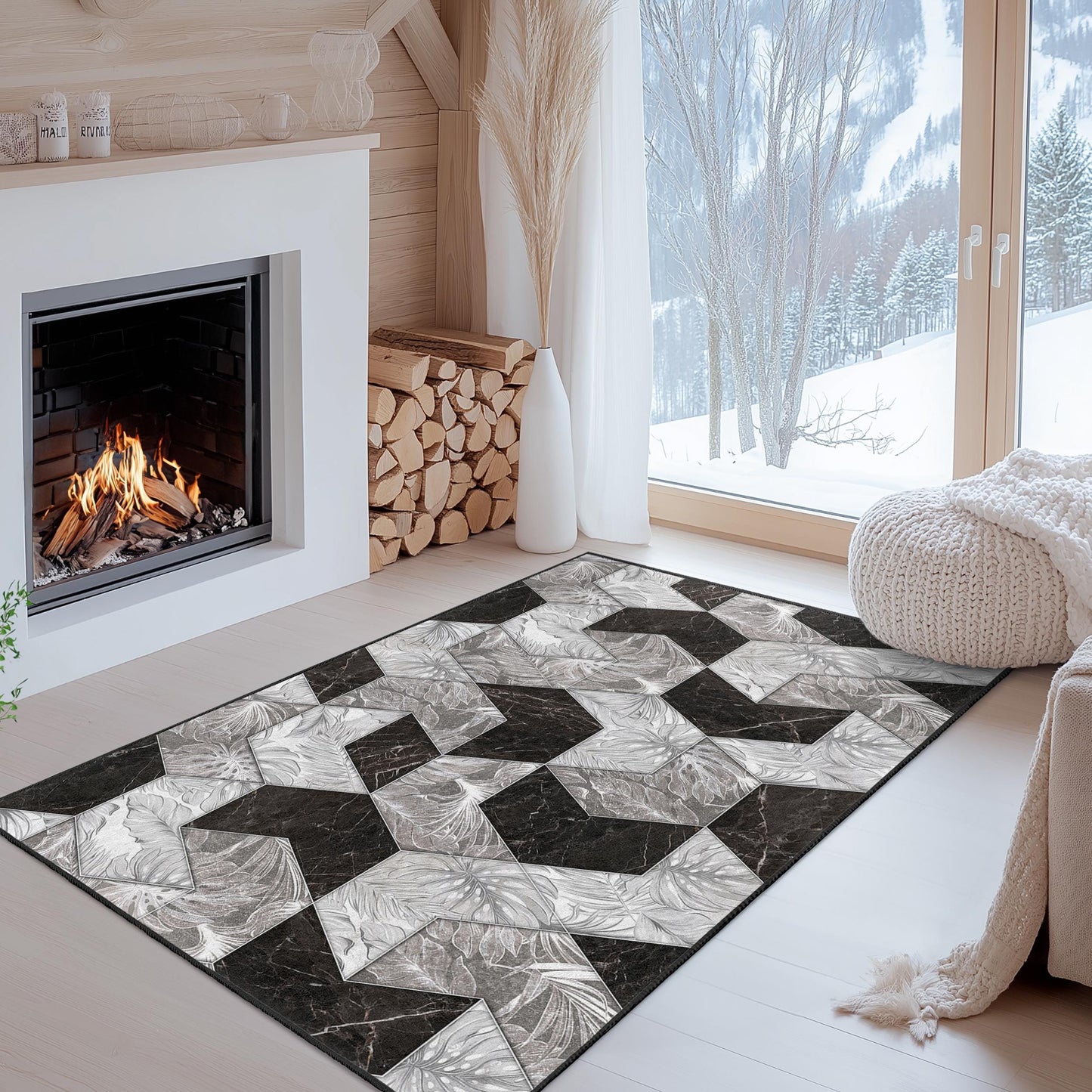 Geometric Black and White Rectangle Area Rug, Modern Patterned Carpet for Living Room, Stylish Home Decor, Elegant Floor Covering