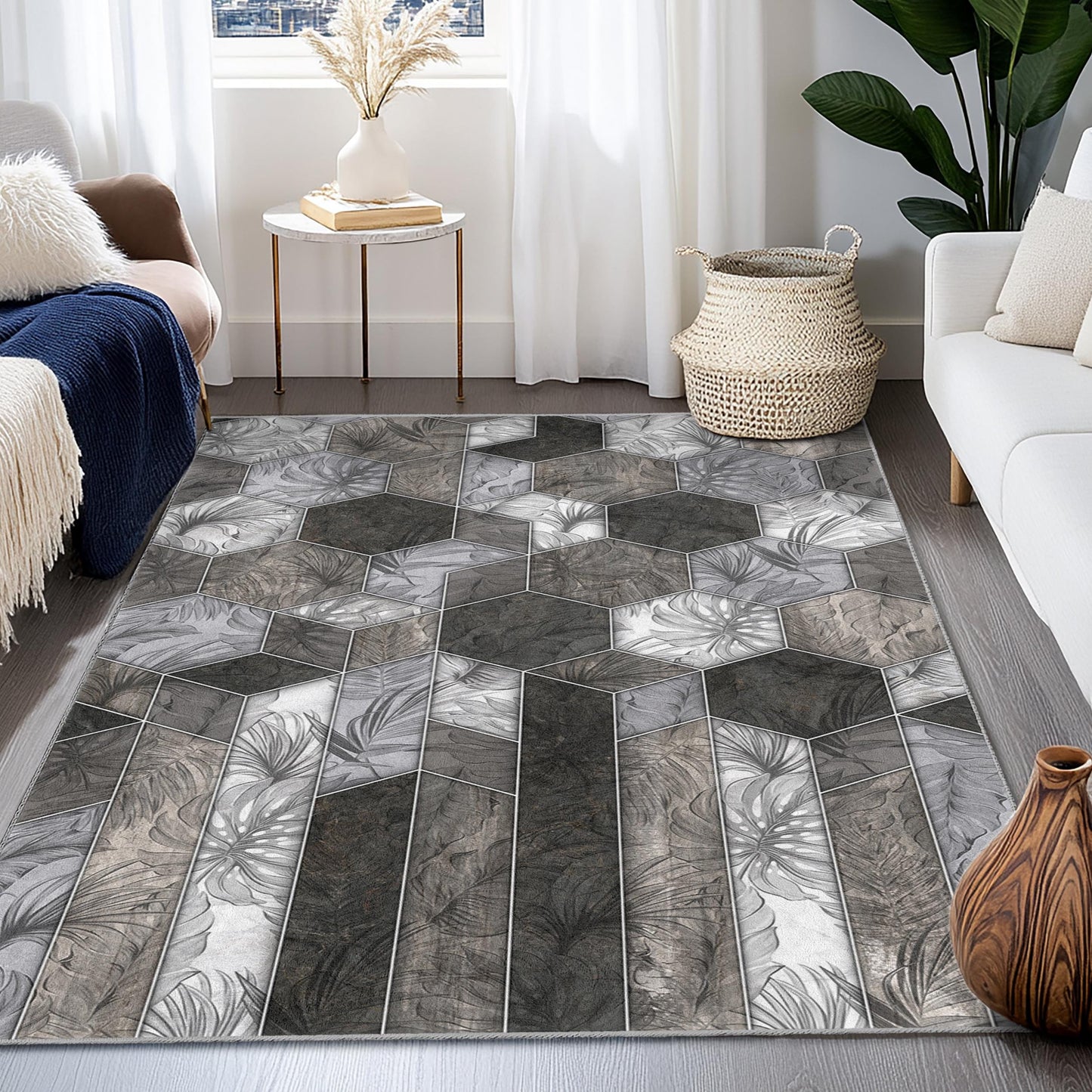 Elegant Hexagonal Pattern Area Rug, Modern Geometric Design Rug, Rectangular Living Room Carpet, Stylish Home Decor Rug
