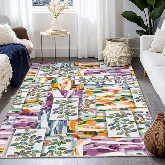 Colorful Leaf Pattern Rectangular Area Rug, Modern Living Room Carpet, Artistic Indoor Rug, Home Decor Rug, Stylish Floor Mat