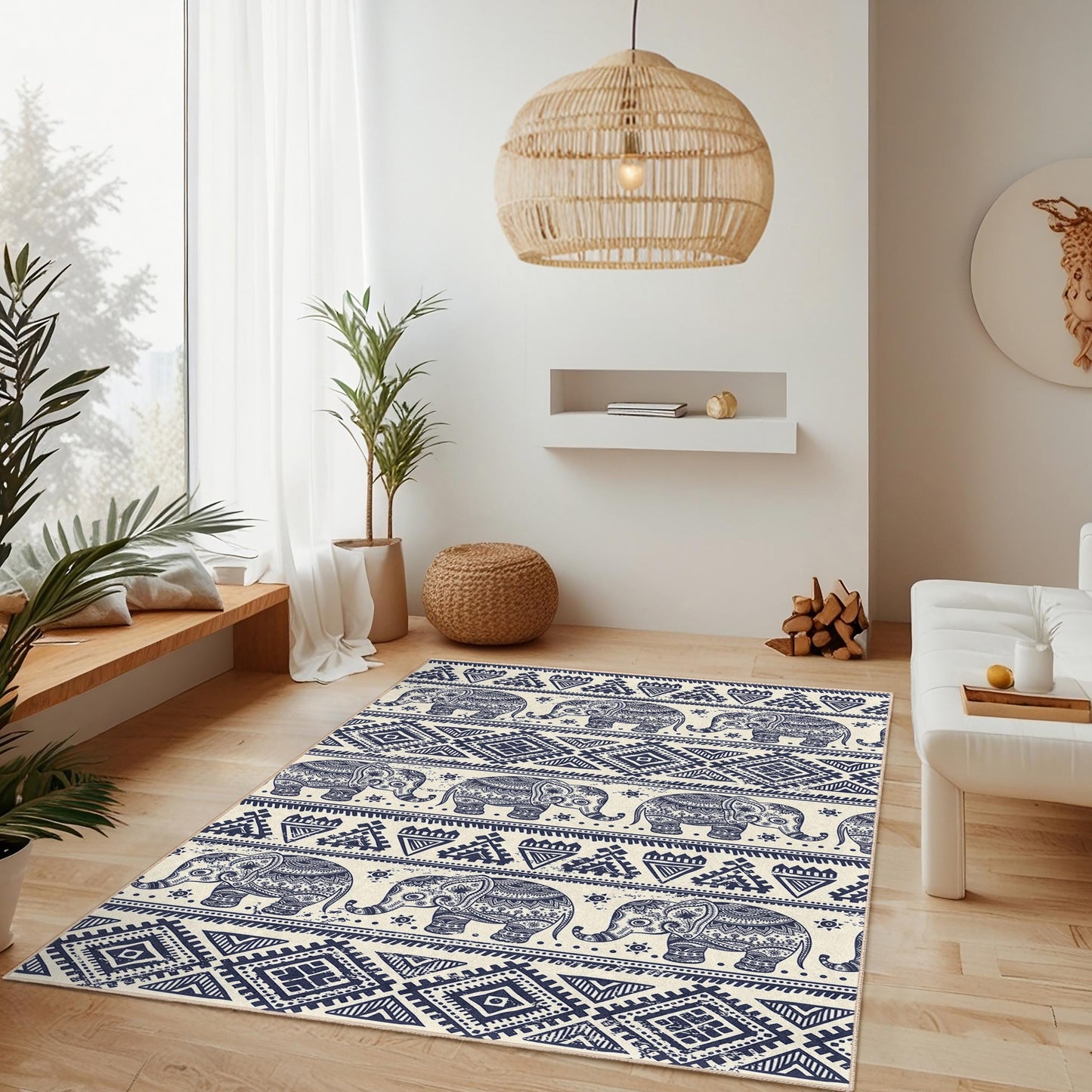 Navy Blue Elephant Pattern Rectangular Area Rug, Boho Chic Living Room Carpet, Stylish Elephant Design Rug, Unique Home Decor