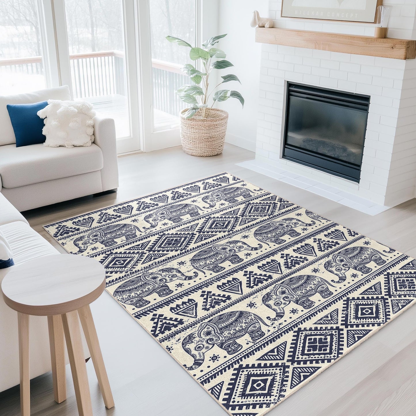 Navy Blue Elephant Pattern Rectangular Area Rug, Boho Chic Living Room Carpet, Stylish Elephant Design Rug, Unique Home Decor