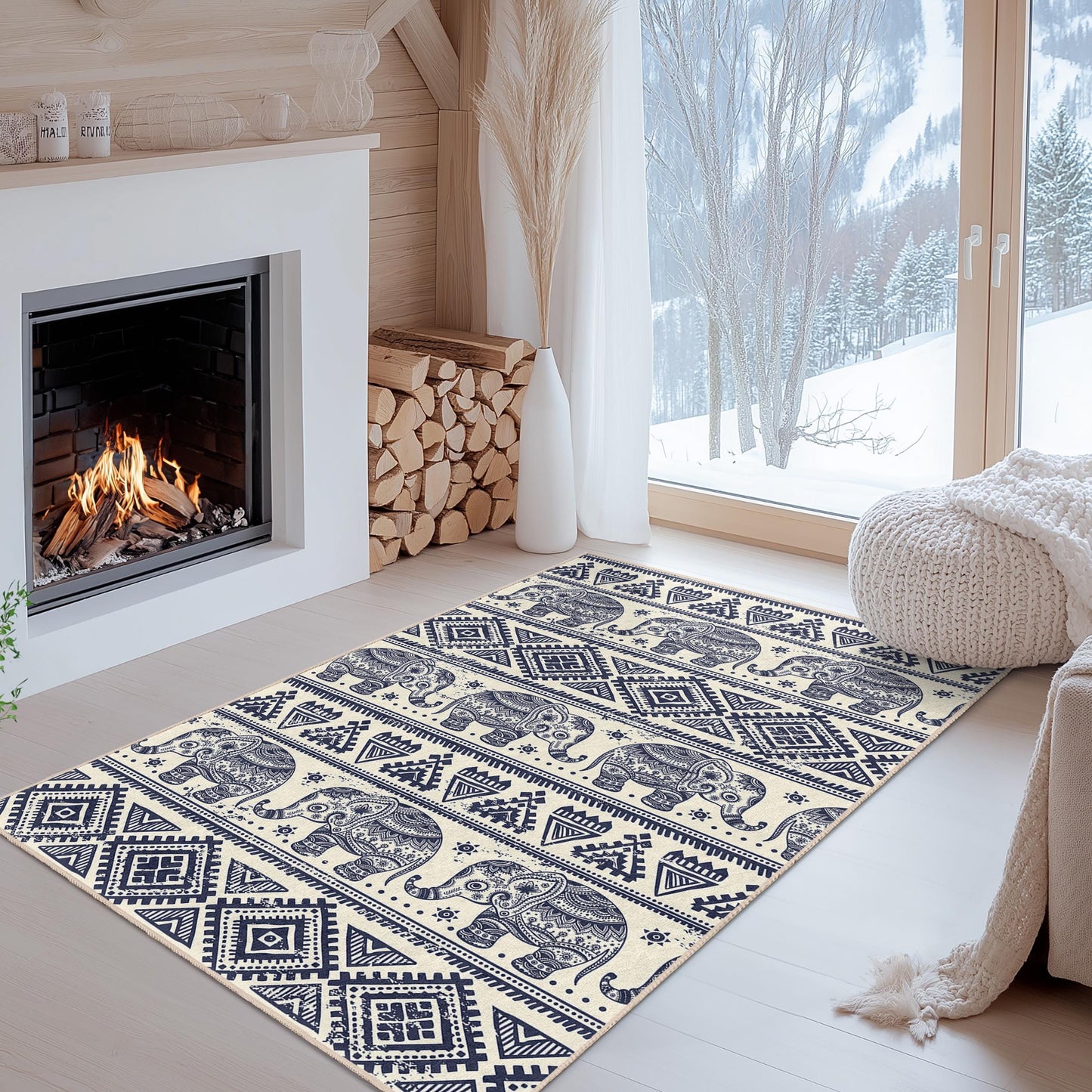 Navy Blue Elephant Pattern Rectangular Area Rug, Boho Chic Living Room Carpet, Stylish Elephant Design Rug, Unique Home Decor