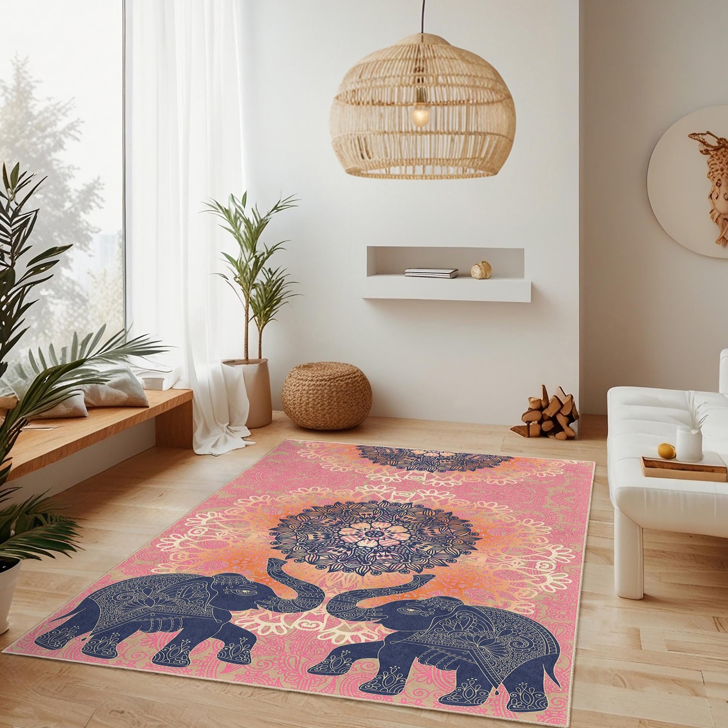 Mandala Elephant Pattern Rectangle Area Rug, Bohemian Style Living Room Carpet, Ethnic Design Home Decor Rug, Soft Floor Mat