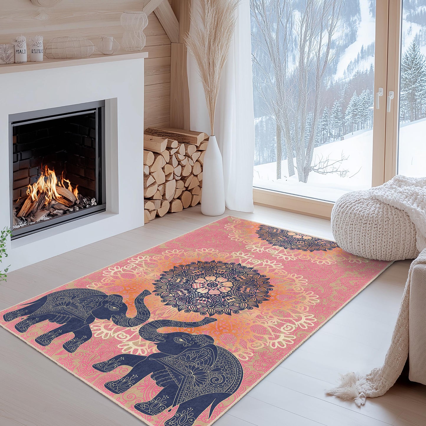 Mandala Elephant Pattern Rectangle Area Rug, Bohemian Style Living Room Carpet, Ethnic Design Home Decor Rug, Soft Floor Mat