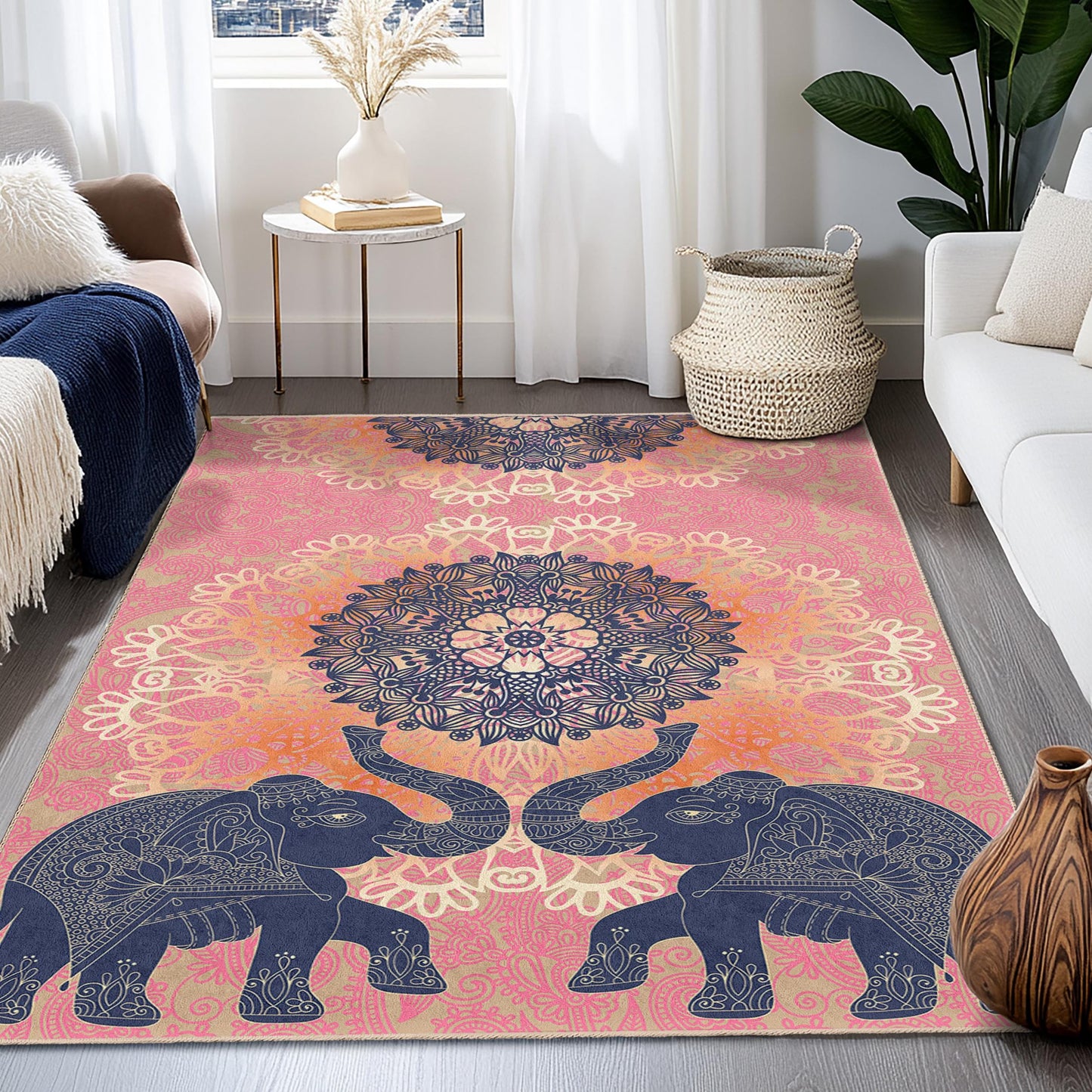 Mandala Elephant Pattern Rectangle Area Rug, Bohemian Style Living Room Carpet, Ethnic Design Home Decor Rug, Soft Floor Mat
