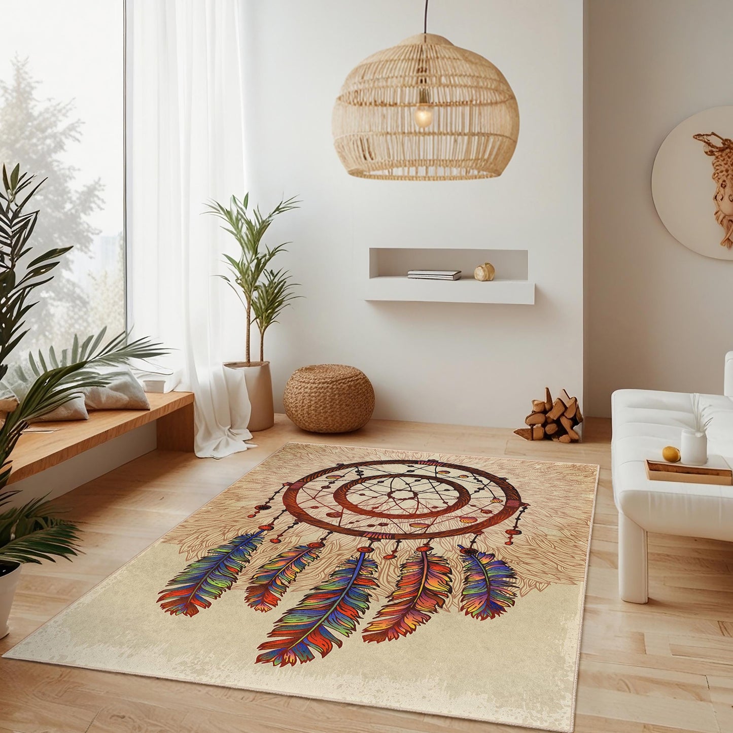 Dreamcatcher Bohemian Rectangular Area Rug, Colorful Dream Catcher Carpet, Living Room Decor, Boho Style Rug, Ethnic Pattern Rug