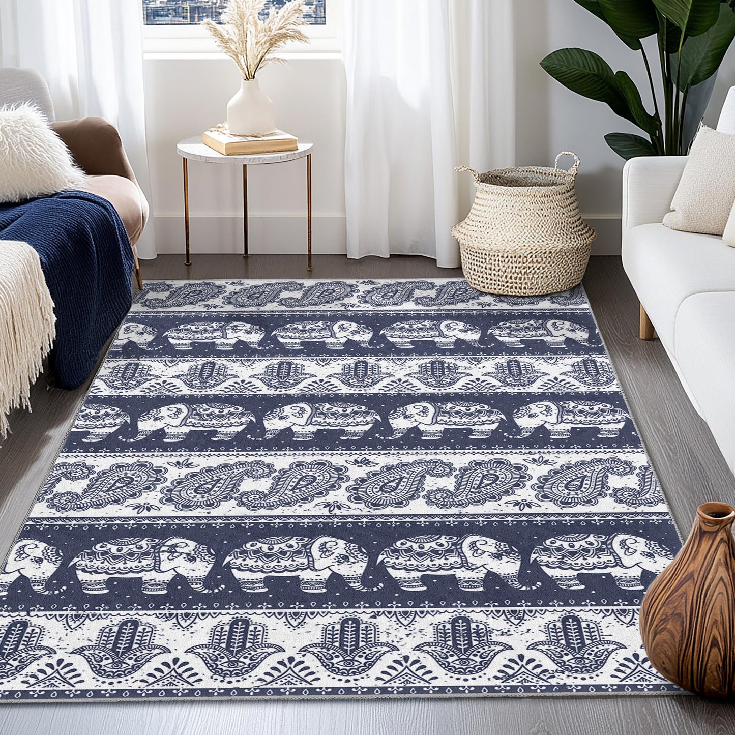 Navy Elephant Pattern Rectangular Area Rug, Decorative Elephant Rug for Living Room, Bohemian Home Decor, Stylish Area Rug
