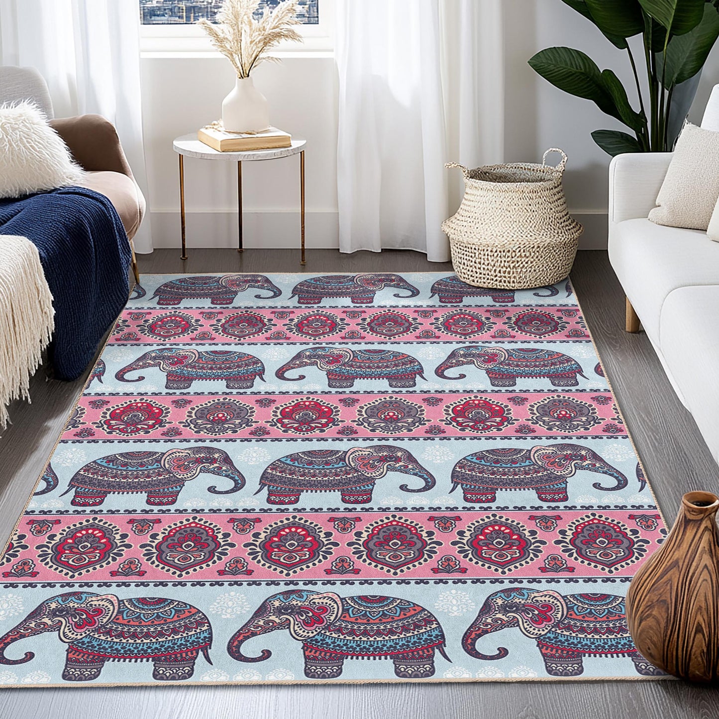 Elephant Pattern Rectangular Rug, Boho Chic Decorative Carpet, Living Room Area Rug, Pink and Blue Elephant Design, Unique Home Decor