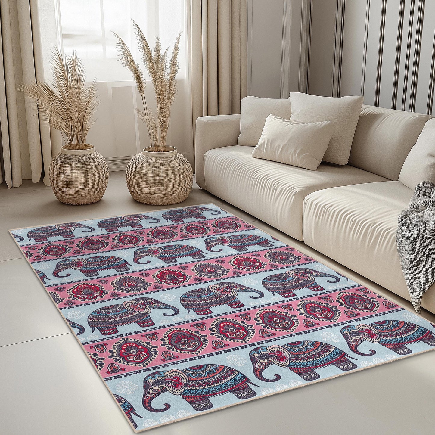 Elephant Pattern Rectangular Rug, Boho Chic Decorative Carpet, Living Room Area Rug, Pink and Blue Elephant Design, Unique Home Decor