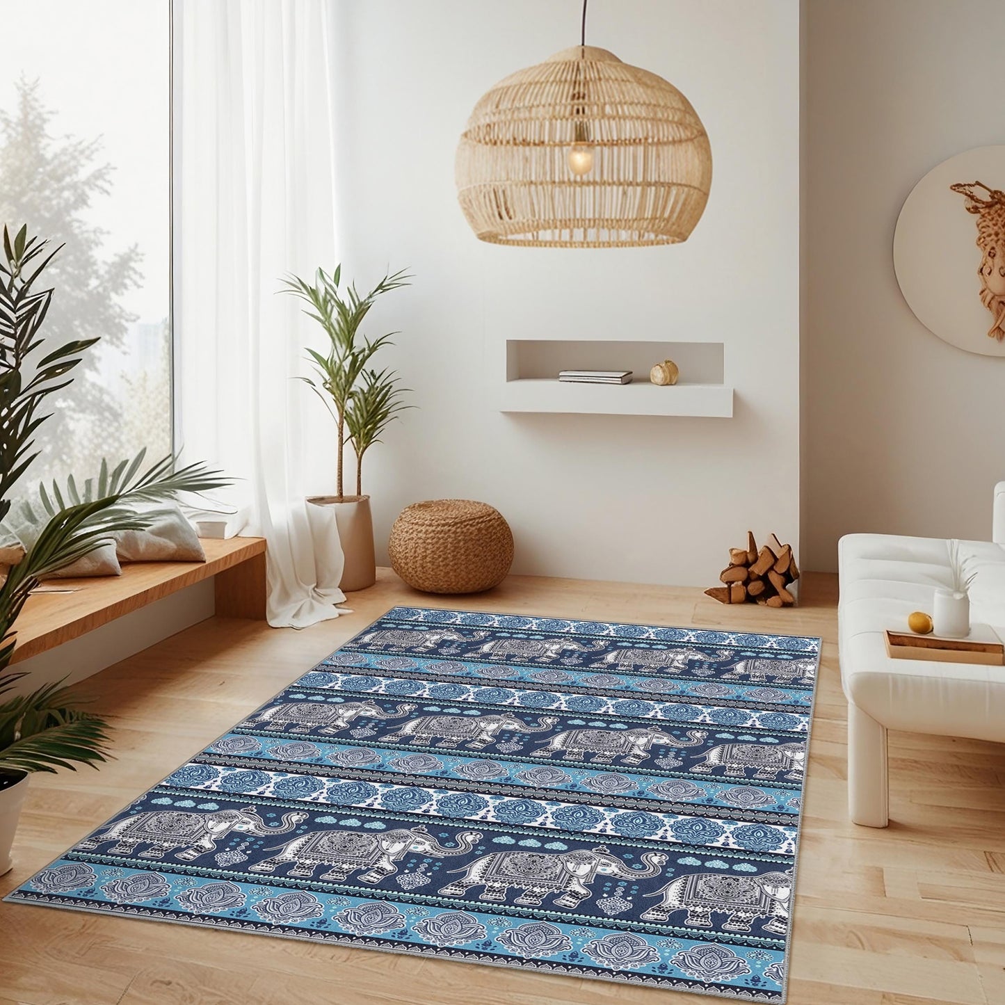 Elegant Elephant Pattern Rectangular Area Rug, Bohemian Home Dcor Rug, Living Room Carpet, Unique Elephant Design, Soft Area Rug