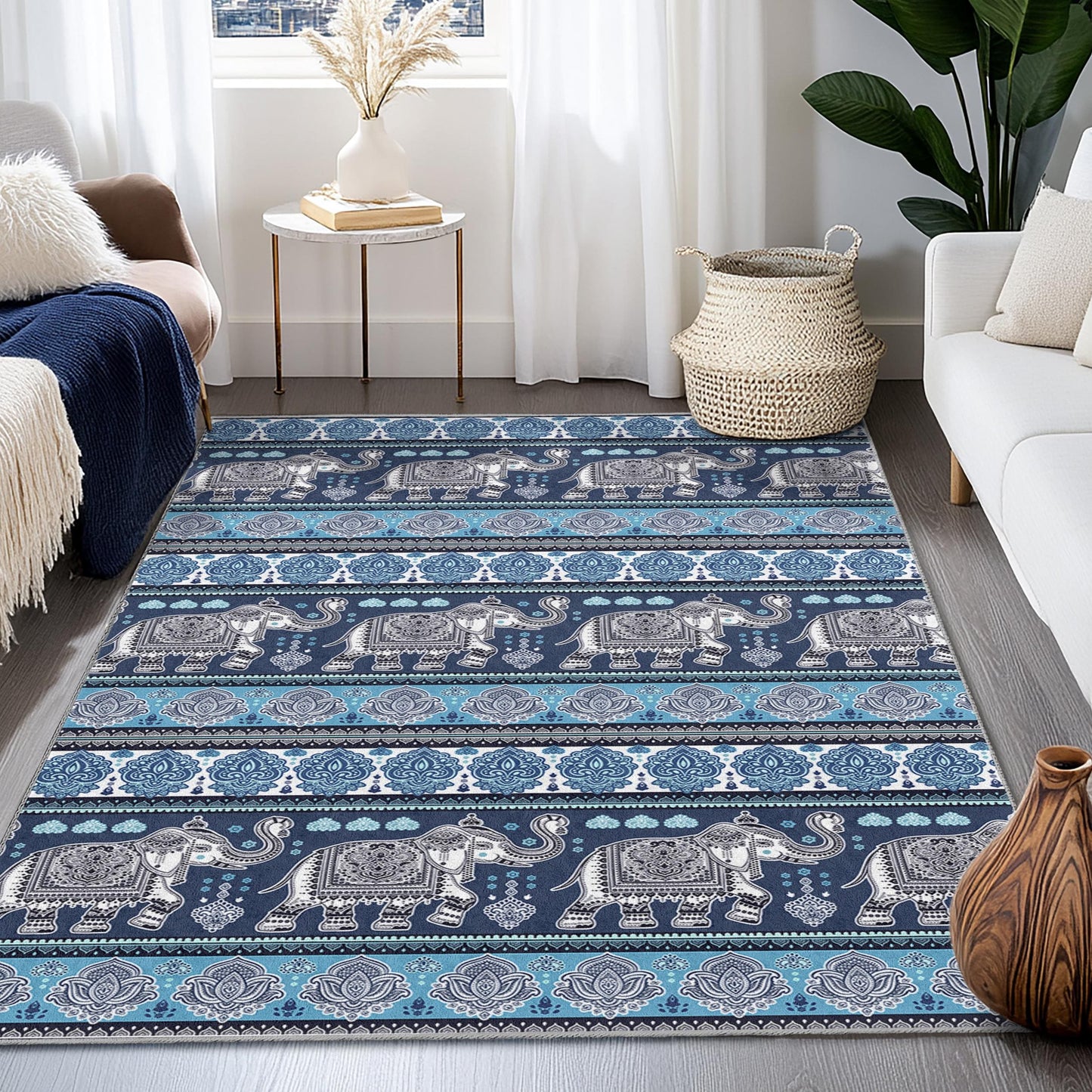 Elegant Elephant Pattern Rectangular Area Rug, Bohemian Home Dcor Rug, Living Room Carpet, Unique Elephant Design, Soft Area Rug