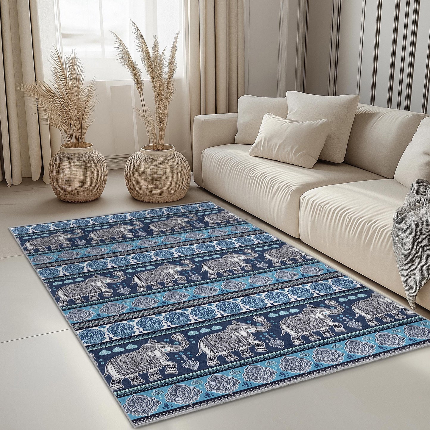 Elegant Elephant Pattern Rectangular Area Rug, Bohemian Home Dcor Rug, Living Room Carpet, Unique Elephant Design, Soft Area Rug