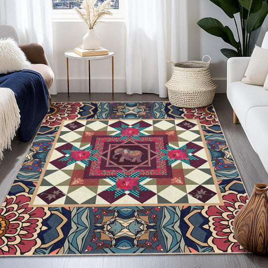 Bohemian Elephant Rectangular Area Rug, Colorful Floral Design Rug, Vintage Style Carpet for Living Room, Bedroom, Home Decor