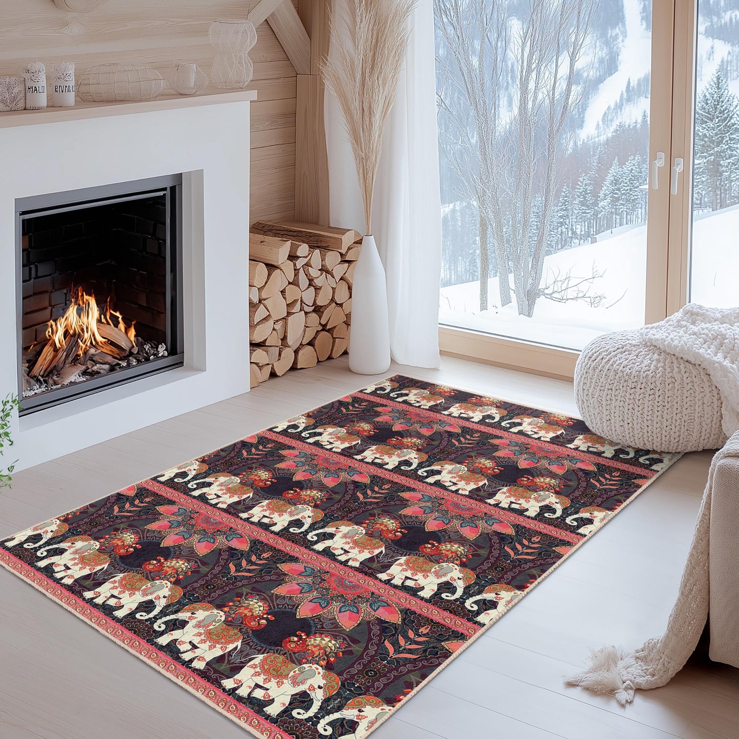 Bohemian Elephant Pattern Rectangular Area Rug, Colorful Elephant Rug, Living Room Carpet, Unique Home Decor, Ethnic Design Rug
