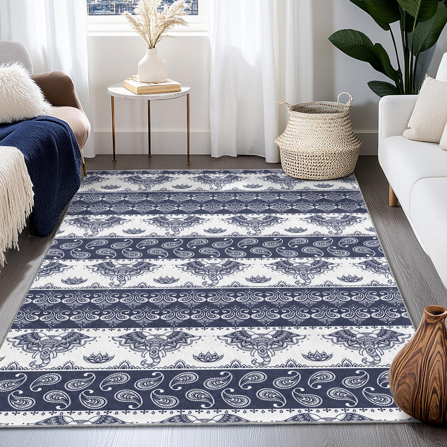 Elegant Elephant Pattern Rectangular Area Rug, Navy Blue Bohemian Carpet, Living Room Decor, Soft Floor Mat, Home Design
