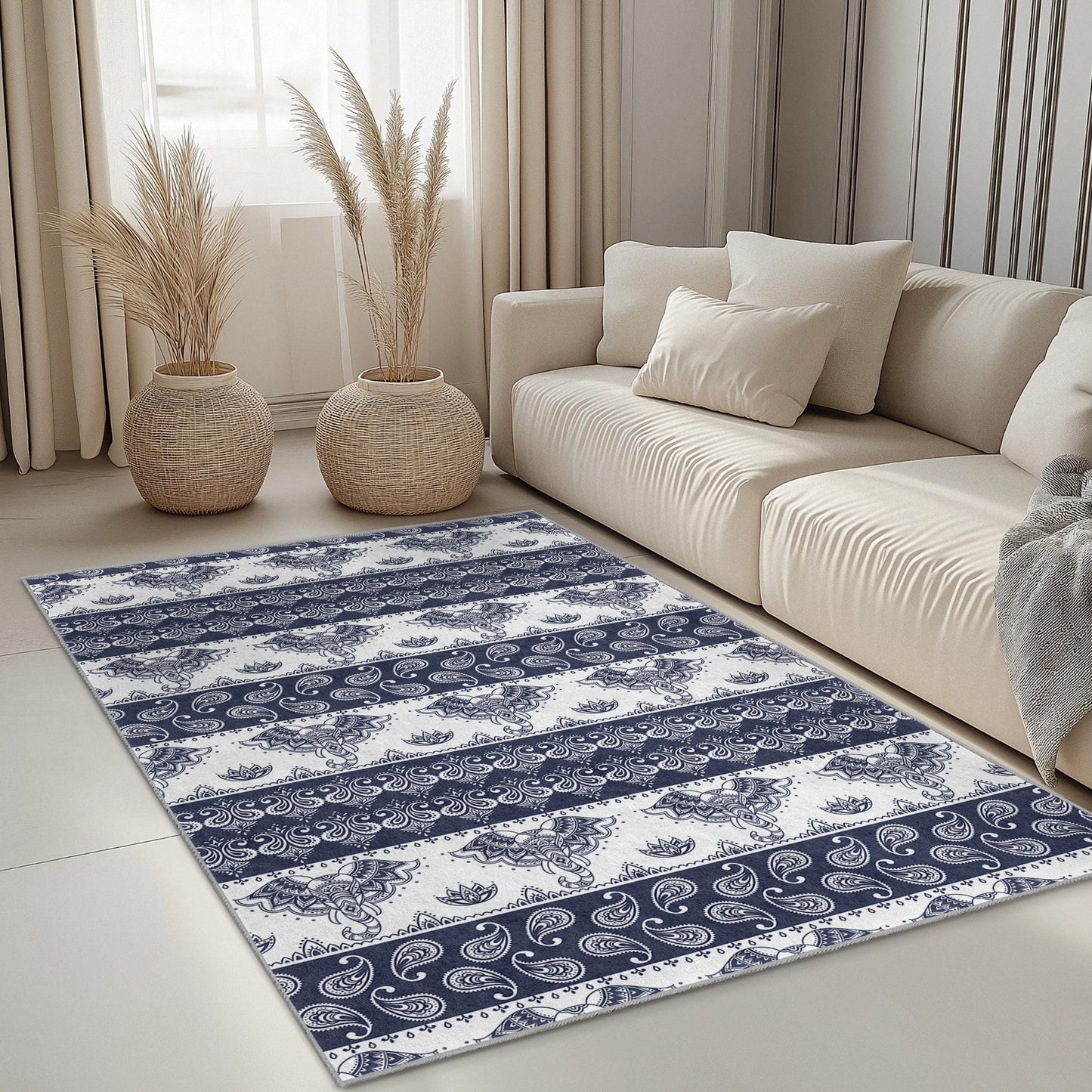 Elegant Elephant Pattern Rectangular Area Rug, Navy Blue Bohemian Carpet, Living Room Decor, Soft Floor Mat, Home Design