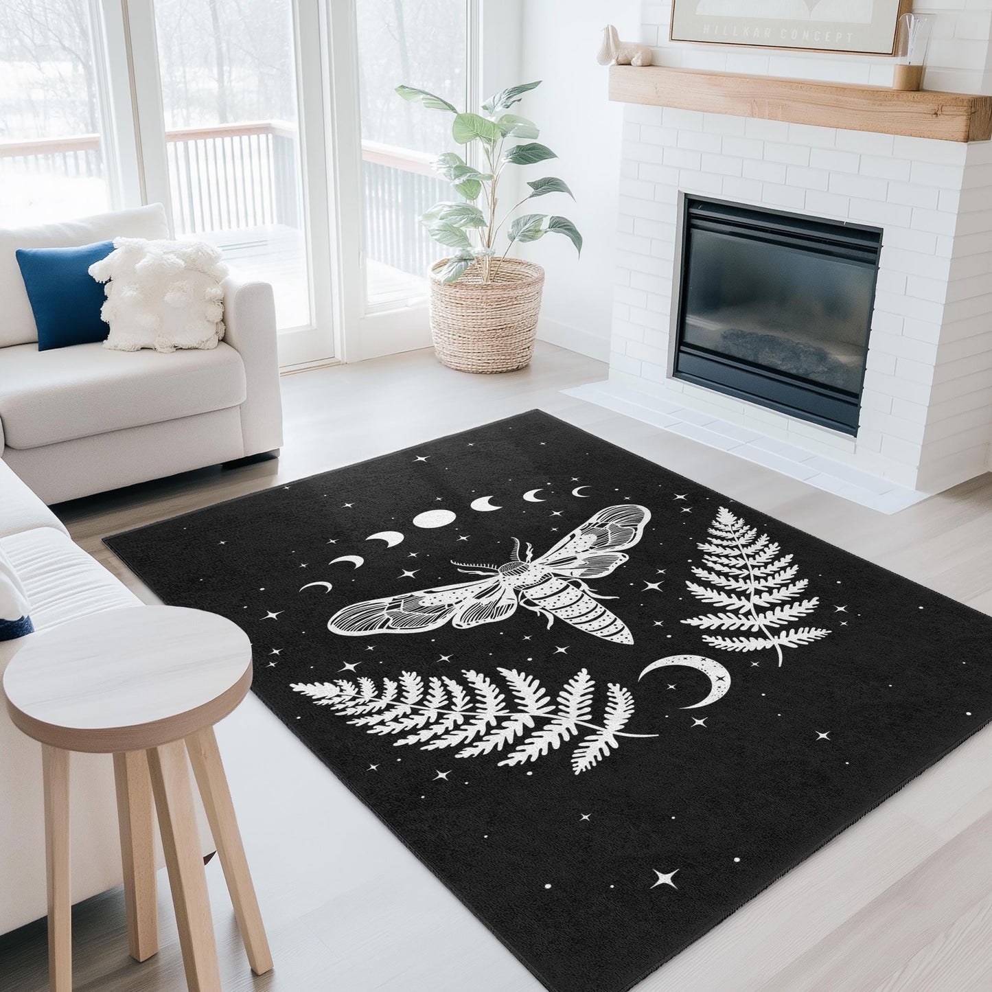 Mystical Moth and Fern Rectangle Area Rug, Bohemian Black and White Rug, Dark Decor Rug for Living Room, Unique Home Decoration