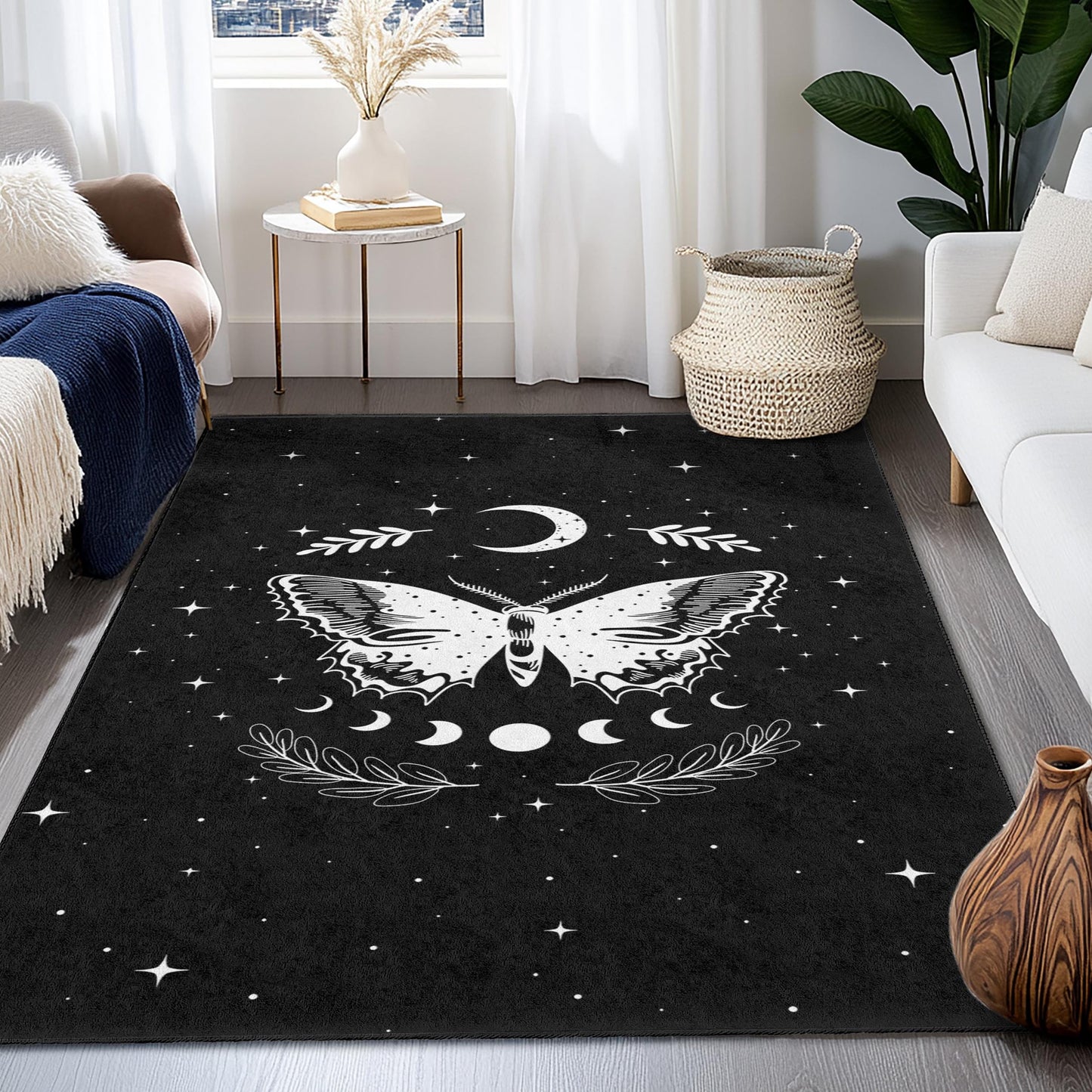 Moon and Butterfly Rectangle Rug, Black and White Cosmic Carpet, Bohemian Home Decor, Stylish Living Room Rug, Unique Butterfly Design