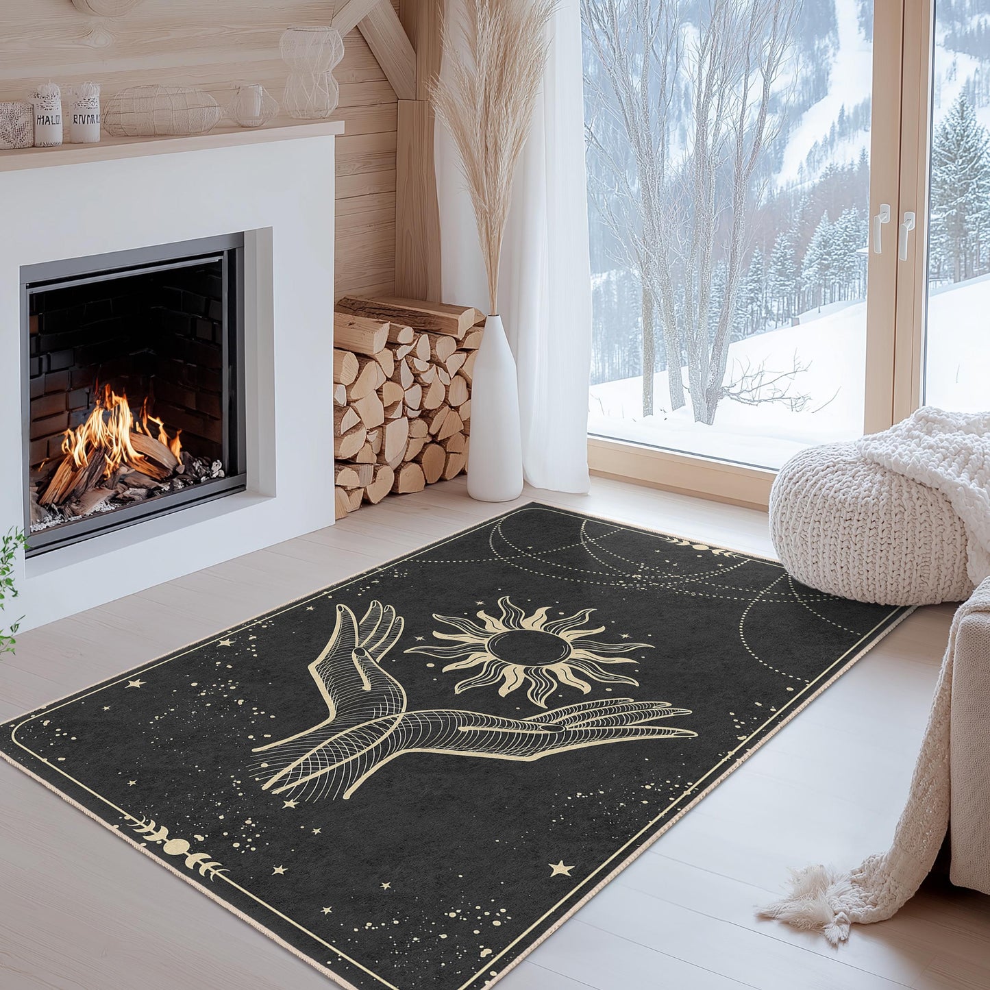 Sun and Hands Abstract Rectangular Rug, Bohemian Style Carpet, Living Room Decor, Spiritual Home Rug, Unique Floor Mat