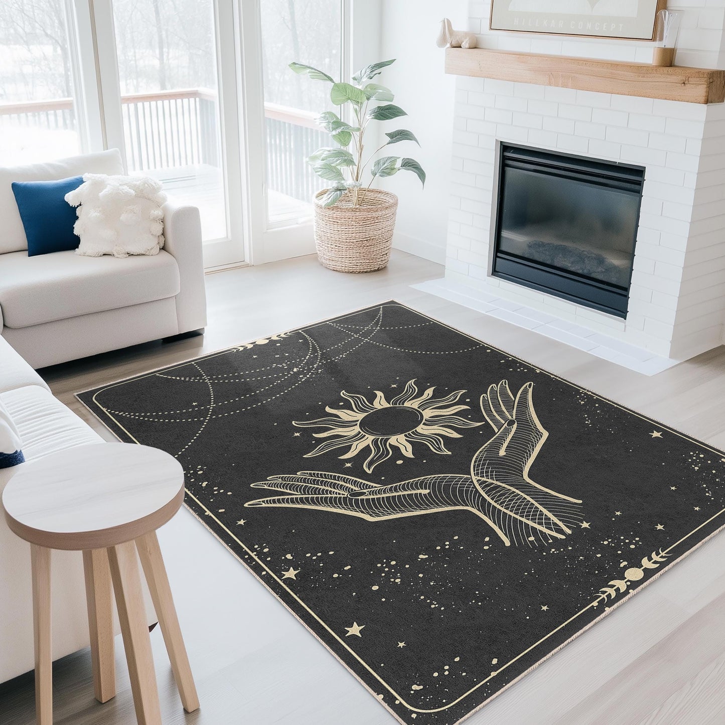 Sun and Hands Abstract Rectangular Rug, Bohemian Style Carpet, Living Room Decor, Spiritual Home Rug, Unique Floor Mat