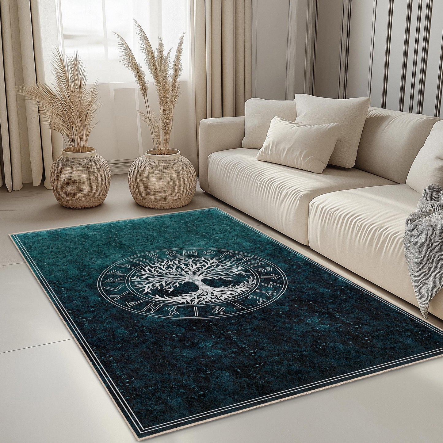 Mystical Tree of Life Rectangular Area Rug, Nordic Style Living Room Carpet, Nature Inspired Home Decor, Unique Floor Mat