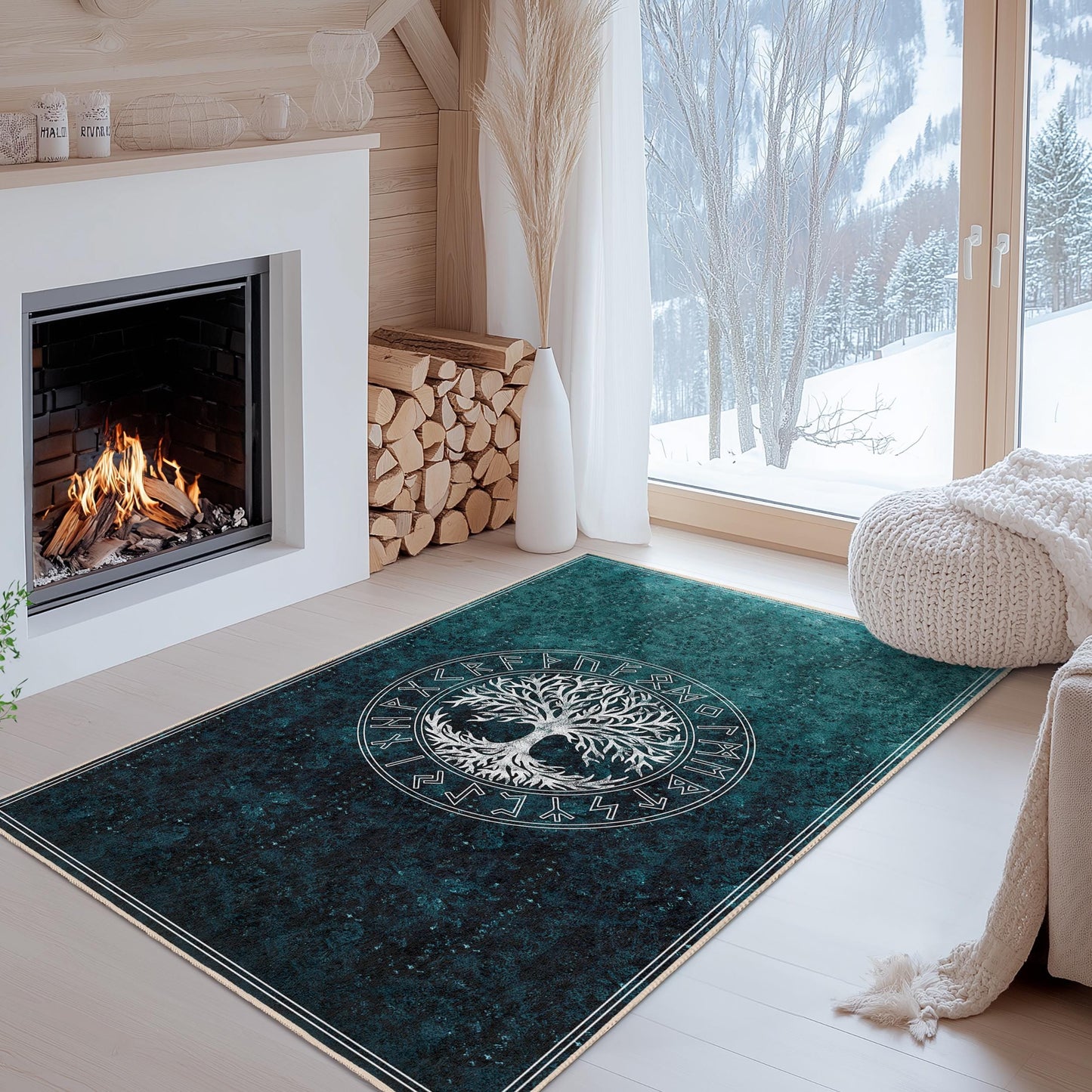 Mystical Tree of Life Rectangular Area Rug, Nordic Style Living Room Carpet, Nature Inspired Home Decor, Unique Floor Mat
