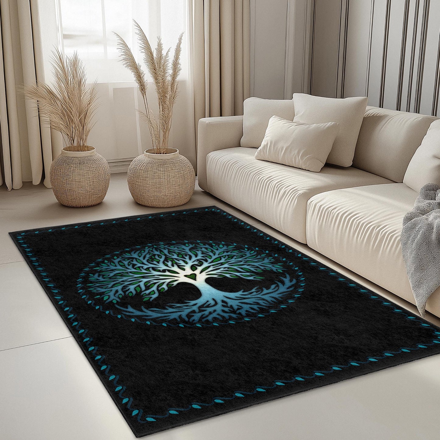 Tree of Life Rectangular Area Rug, Nature Inspired Home Decor, Living Room Carpet, Bohemian Style Rug, Forest Themed Rug