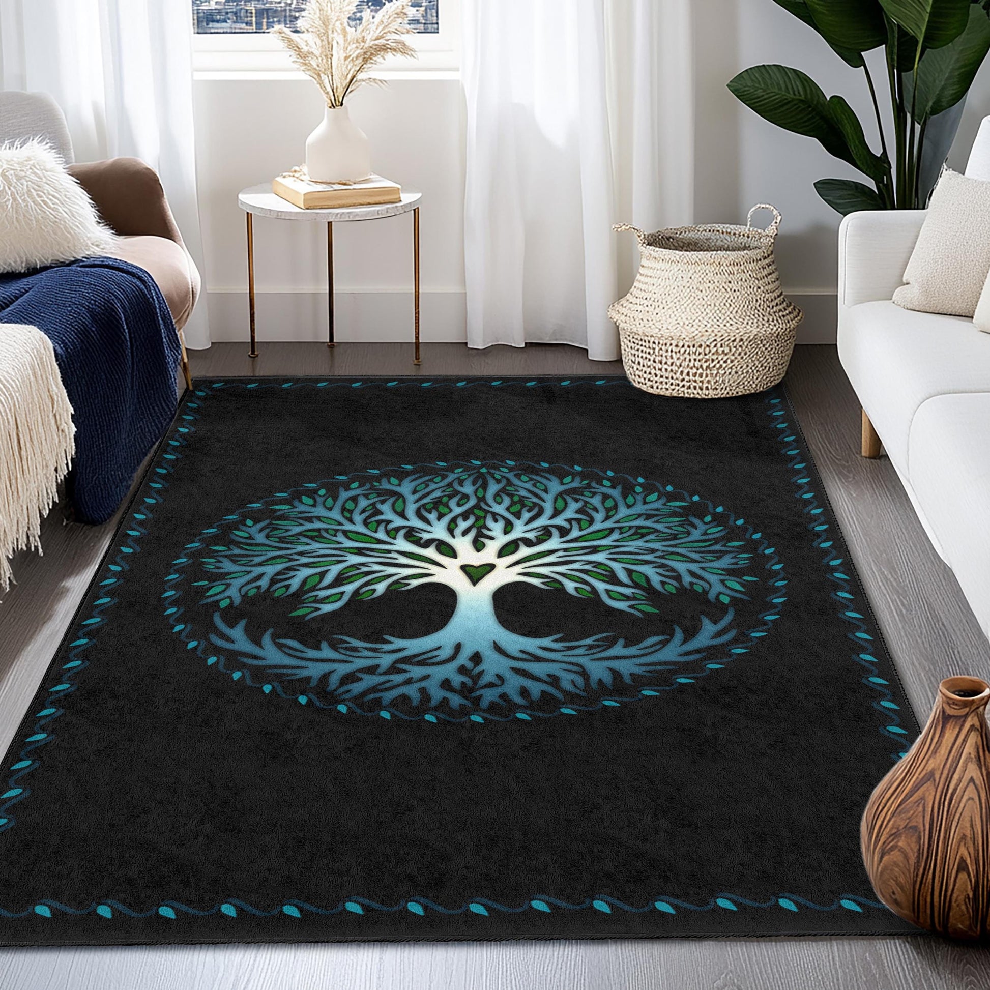 Tree of Life Rectangular Area Rug, Nature Inspired Home Decor, Living Room Carpet, Bohemian Style Rug, Forest Themed Rug
