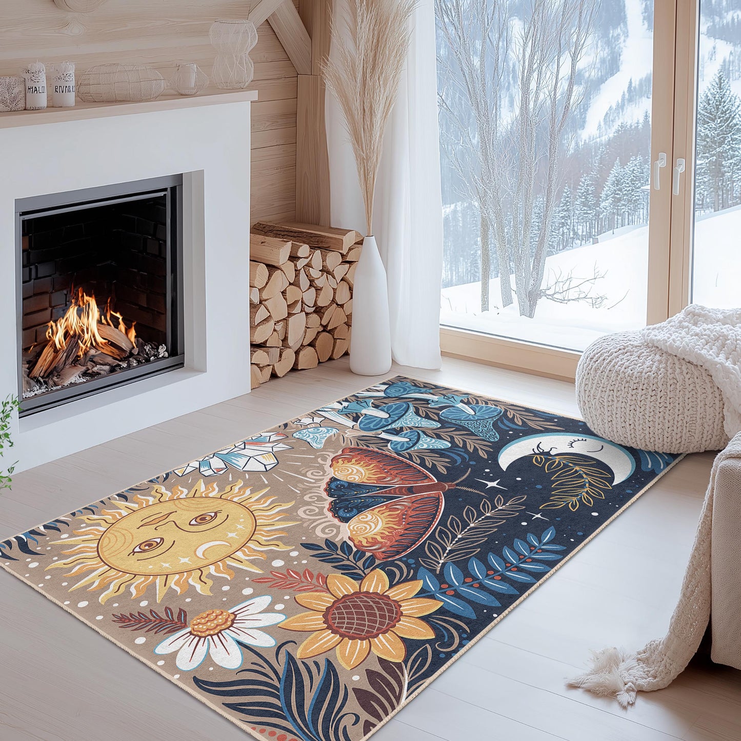 Enchanting Sun and Moon Rectangular Area Rug, Floral and Butterfly Design, Living Room Carpet, Bohemian Home Decor