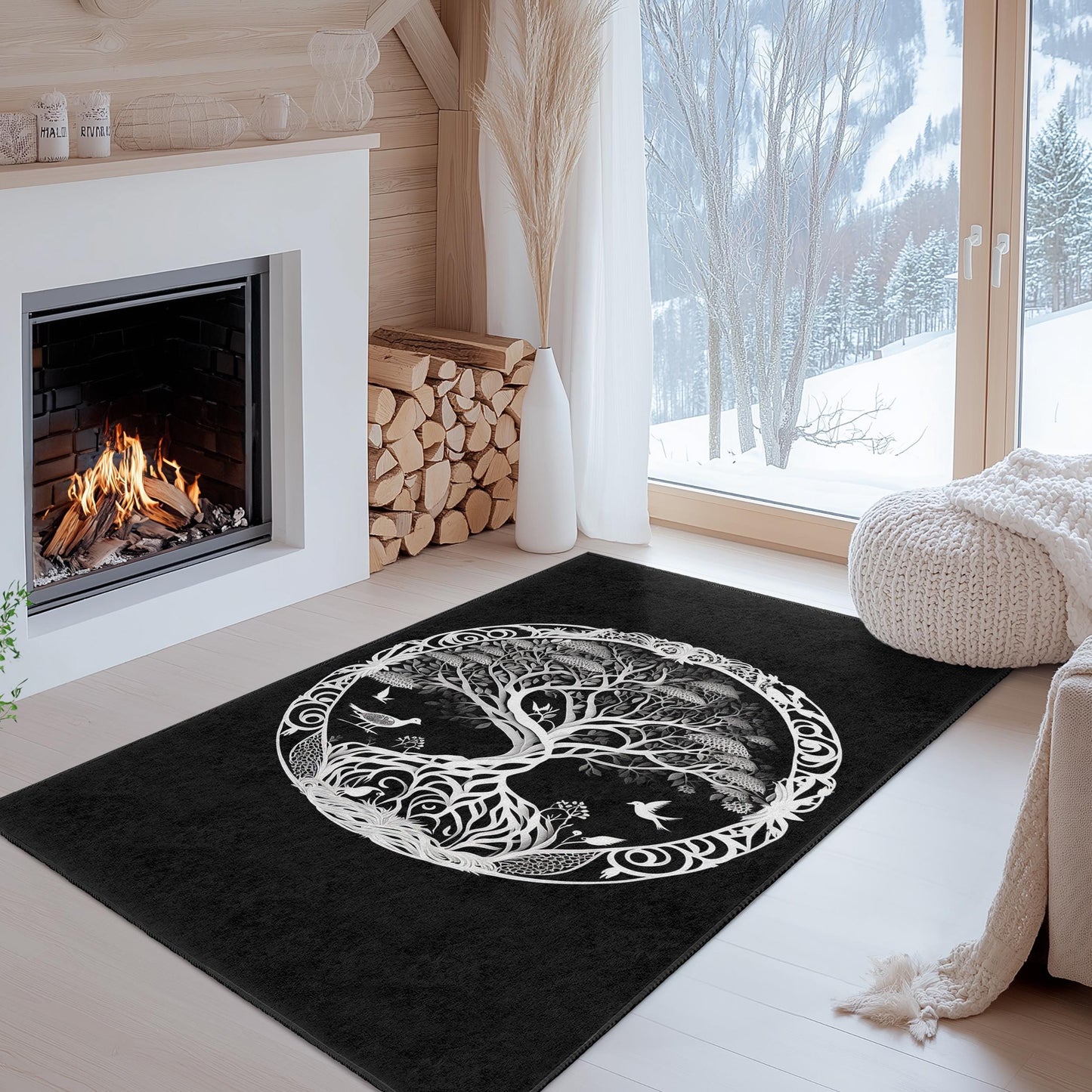 Elegant Tree of Life Round Area Rug, Black and White Nature Decor, Bohemian Round Carpet for Living Room, Unique Home Accent