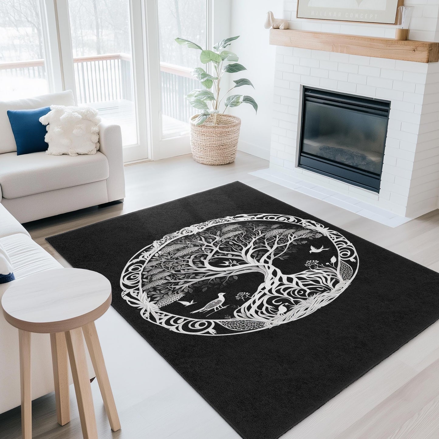 Elegant Tree of Life Round Area Rug, Black and White Nature Decor, Bohemian Round Carpet for Living Room, Unique Home Accent