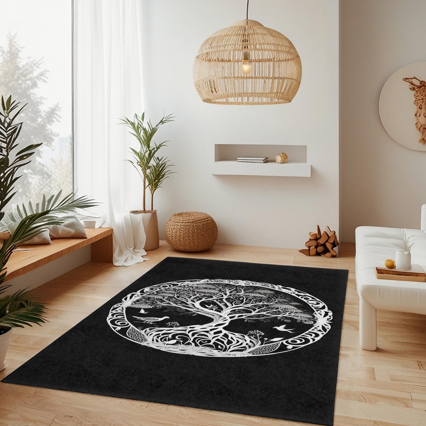 Elegant Tree of Life Round Area Rug, Black and White Nature Decor, Bohemian Round Carpet for Living Room, Unique Home Accent