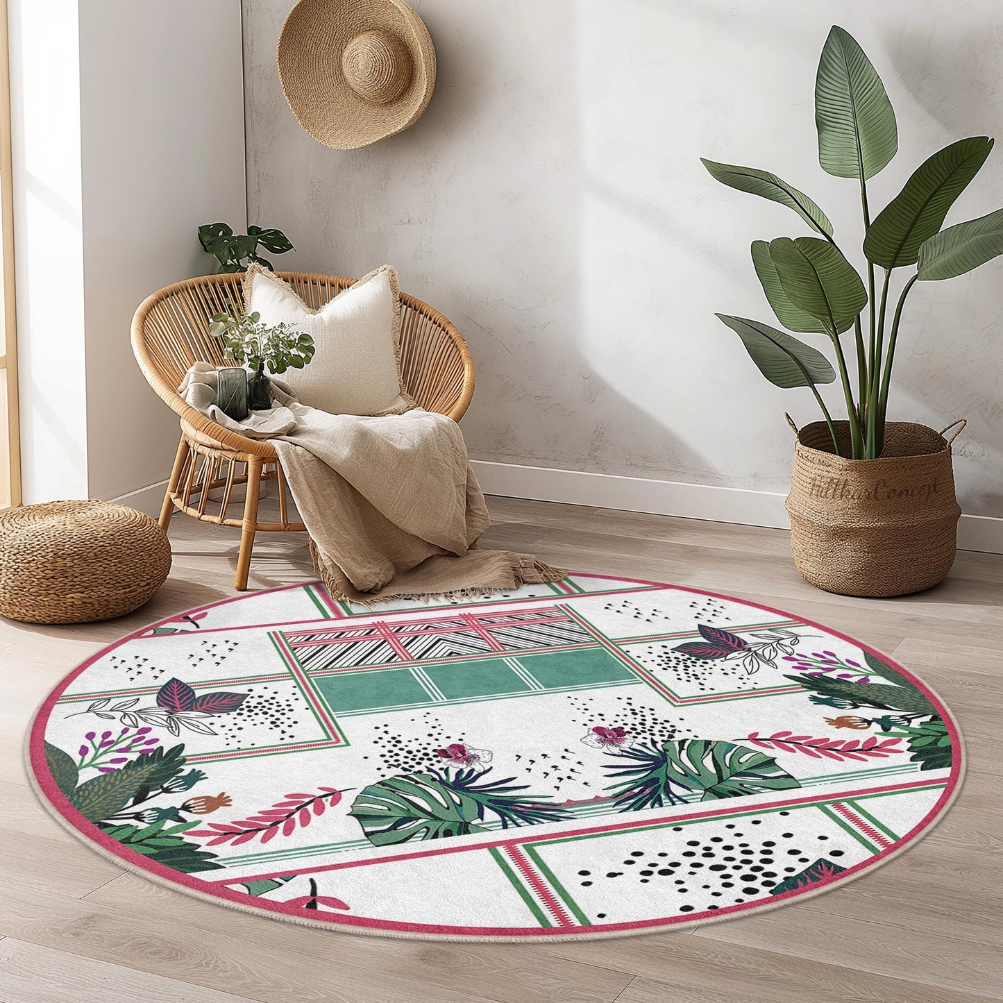 Vibrant Floral Round Area Rug, Boho Chic Round Rug, Stylish Round Carpet for Living Room, Bedroom, or Nursery Decor