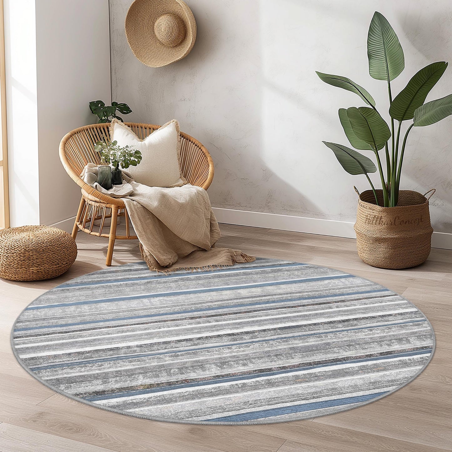 Stylish Round Striped Area Rug, Modern Gray and Blue Circle Rug, Living Room Decor, Soft Round Carpet for Home