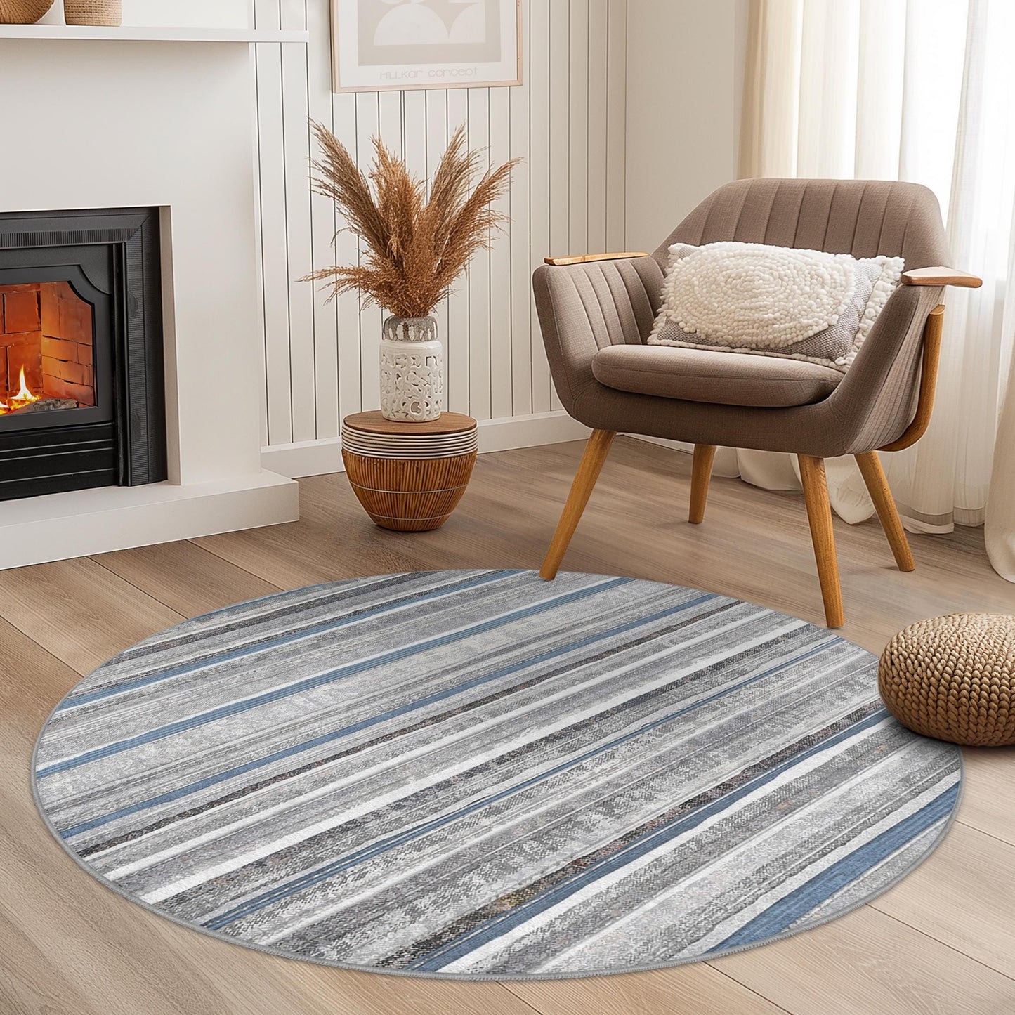 Stylish Round Striped Area Rug, Modern Gray and Blue Circle Rug, Living Room Decor, Soft Round Carpet for Home