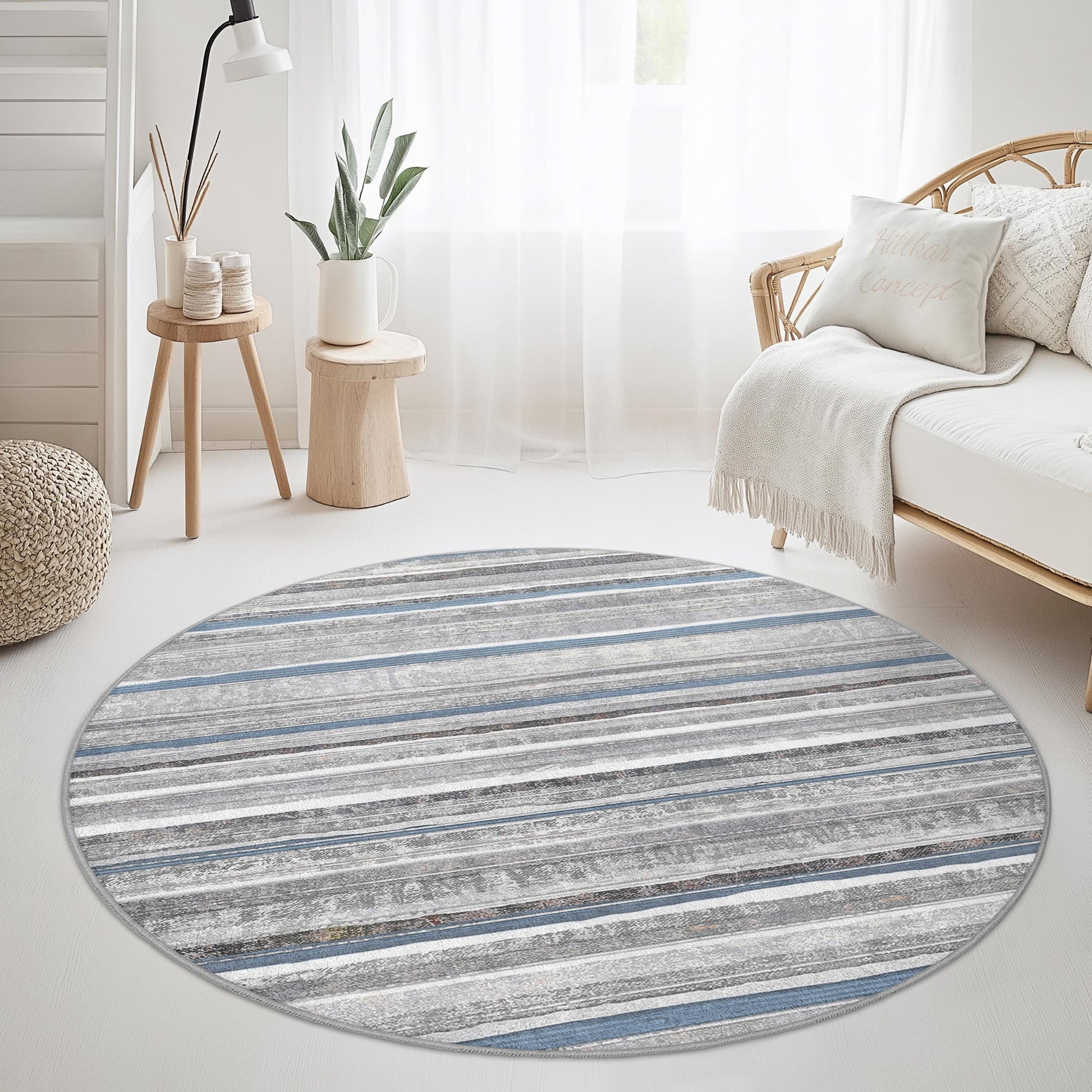 Stylish Round Striped Area Rug, Modern Gray and Blue Circle Rug, Living Room Decor, Soft Round Carpet for Home