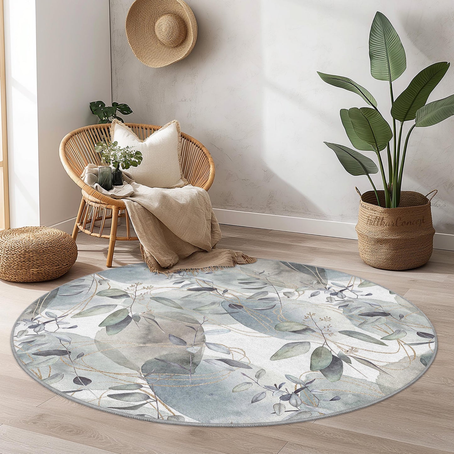 Elegant Round Leaf Pattern Area Rug, Soft Floral Round Carpet, Living Room Decor, Modern Round Rug, Home Accent Floor Covering