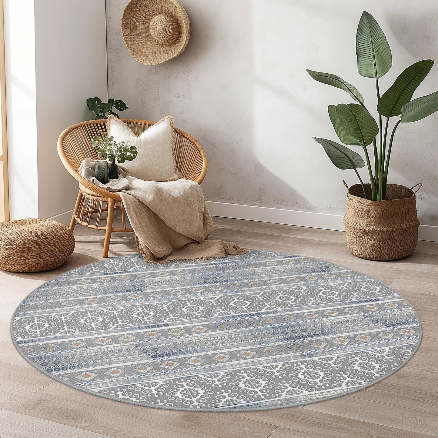 Elegant Geometric Round Area Rug, Round Bohemian Carpet, Soft Living Room Rug, Modern Round Floor Mat, Stylish Home Decor
