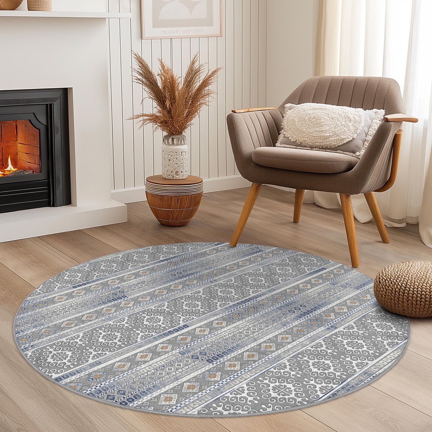 Elegant Geometric Round Area Rug, Round Bohemian Carpet, Soft Living Room Rug, Modern Round Floor Mat, Stylish Home Decor