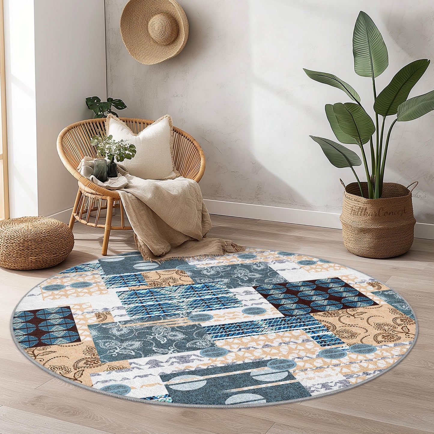 Geometric Pattern Round Area Rug, Modern Circular Carpet, Living Room Decor, Soft Round Rug, Boho Style Home Accessory