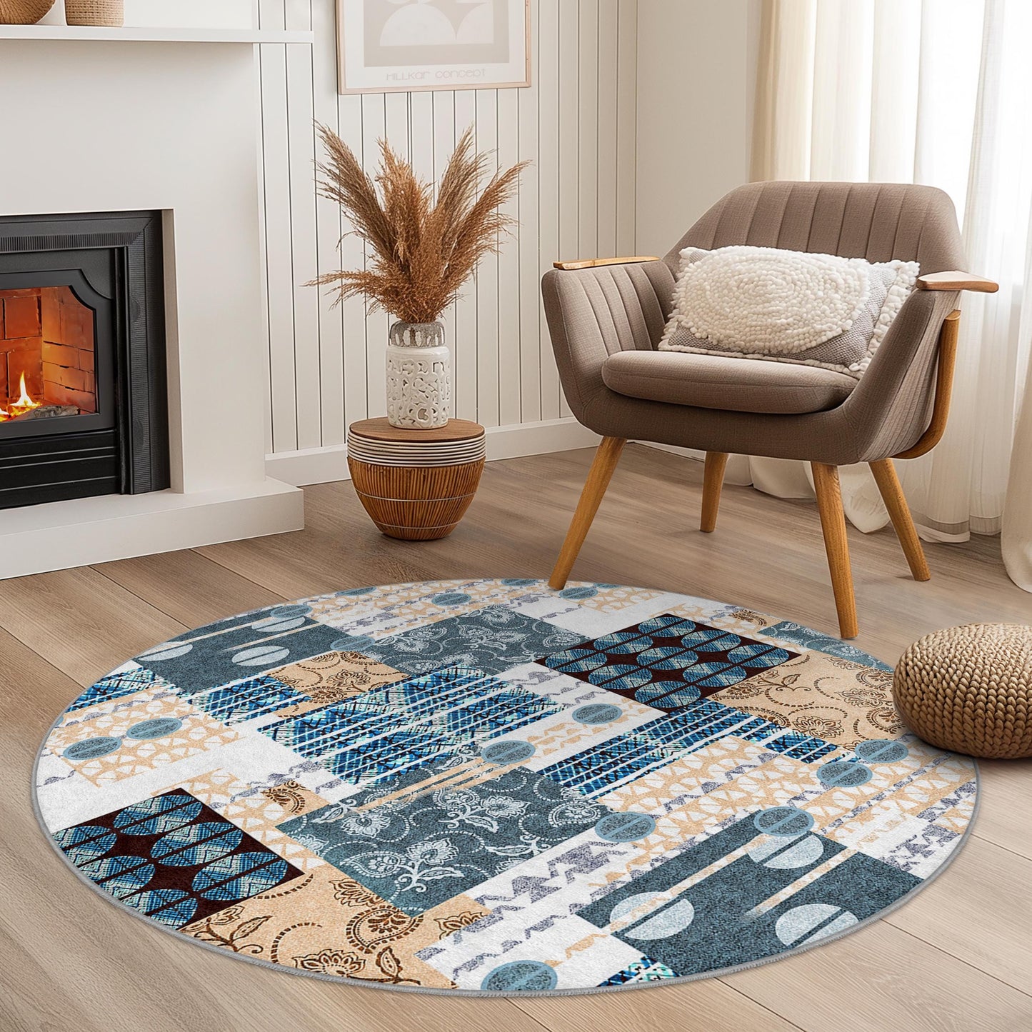 Geometric Pattern Round Area Rug, Modern Circular Carpet, Living Room Decor, Soft Round Rug, Boho Style Home Accessory
