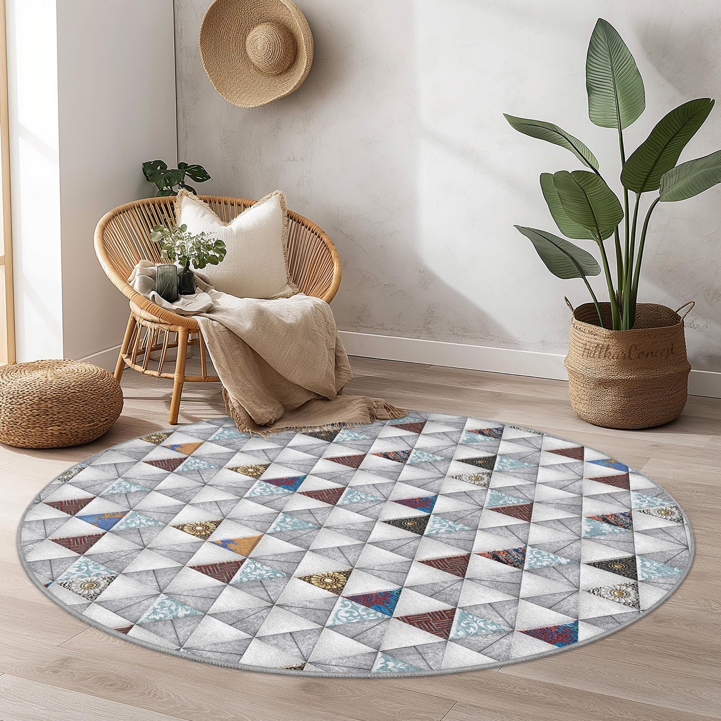Geometric Triangle Pattern Round Area Rug, Modern Round Carpet, Stylish Circle Rug for Living Room, Bedroom, or Office Decor