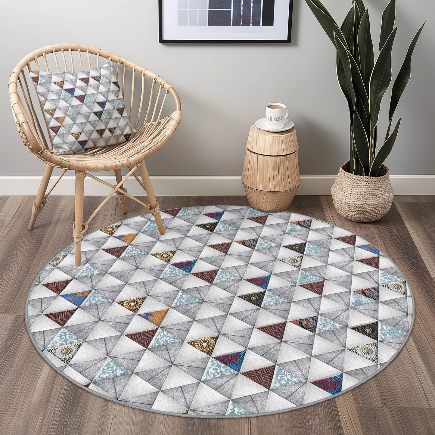 Geometric Triangle Pattern Round Area Rug, Modern Round Carpet, Stylish Circle Rug for Living Room, Bedroom, or Office Decor